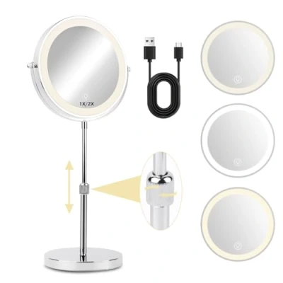 Afbeelding van NVIYAM make upspiegel van 20 cm met verlichting, 1X/10x vergroting, oplaadbaar, 3 kleuren, in hoogte verstelbare upspiegel, 360 graden draaibaar, dubbelzijdige vergrotingsspiegel