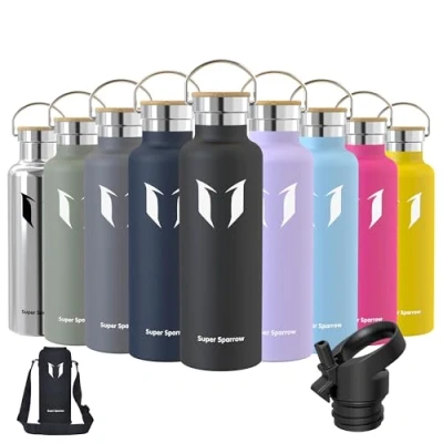 Afbeelding van Super Sparrow Drinkfles, Rvs Waterfles 750ml, met herbruikbaar Rietje (2 Deksel), Lekvrije Thermosfles, Vacuüm Geïsoleerd, BPA Vrij, voor Sport, Outdoor