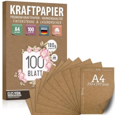 Afbeelding van 100 vellen kraftpapier A4 set 180 g 21 x 29,7 cm DIN formaat knutselpapier &amp; natuurkarton kartonnen kraftkarton om af te drukken, papierknutsels huwelijksgeschenk en etiketten