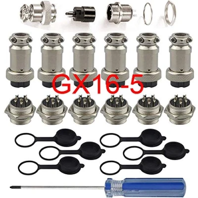 Afbeelding van RUNCCI 6 stuks GX16 5 Pin Aviation stekker adapter, 5A 16 mm schroefdraad mannelijk vrouwelijk metaal luchtvaart draadverbinder kit, met rubberen beschermkap en Phillips schroevendraaier