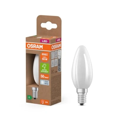 Afbeelding van OSRAM Energy Class LED Lampe in klassischer Minikerzenform, 3.8 W / 806 lm, EEK A, kaltweißes Licht (4000 K), CRI 80, aus gefrostetem bleifreiem Glas, E14 Sockel, IP20, 35 mm Durchmesser.
