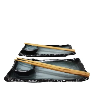 Afbeelding van 8 delige sushi serviesset voor 2 personen blauw / zwart serveerset met 2x sushitborden, dip schaaltjes, staafjes
