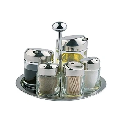 Afbeelding van APS Cruet, azijn en olieset, tafelrekje voor zout, peper, azijn, olie, tandenstokers, draaibaar rekje, glazen pot met roestvrijstalen deksel draaisluiting, 16 x cm, 20 cm hoogte