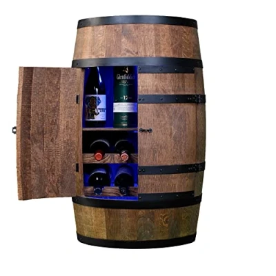 Afbeelding van CREATIVE COOPER Wijnrek hout met deur LED RGB wijnligstoelen en plank Alcoholkast flessenrek houten vat meubels wijnvat wijnbar bar 80 cm wengé