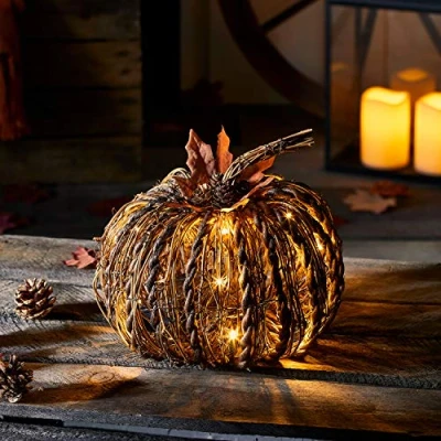 Afbeelding van Lights4fun Rotan Herfst Halloween Pompoen Batterij Werkt LED Binnen &amp; Outdoor Gebruik Met Timer