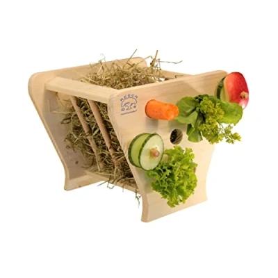 Afbeelding van Resch Nr42 Voerbak, natuurlijk massief hout van sparrenhout, met gatenwand en ronde staven voor het insteken of ophangen snacks, grote hooirui, aan twee zijden toegankelijk, 24 x 21,5 20 cm (l