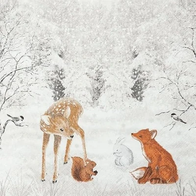 Afbeelding van 20 servetten vredig bos als tafeldecoratie voor liefhebbers van dieren in de winter 33 x cm