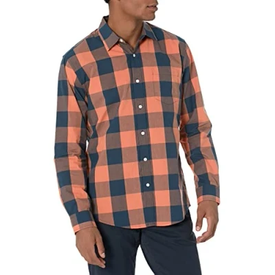 Afbeelding van Amazon Essentials Men&#039;s Casual poplin overhemd met normale pasvorm en lange mouwen, Marineblauw Oranje Buffel, L
