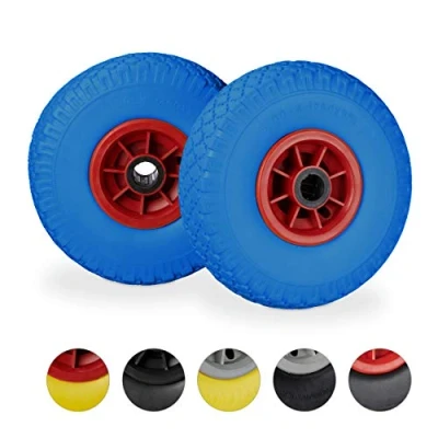 Afbeelding van Relaxdays Steekwagenwiel set van 2, lekbestendig 3,00 4 inch massief rubberen banden, 25 mm as, tot 80 kg, 260x85 mm, blauw rood