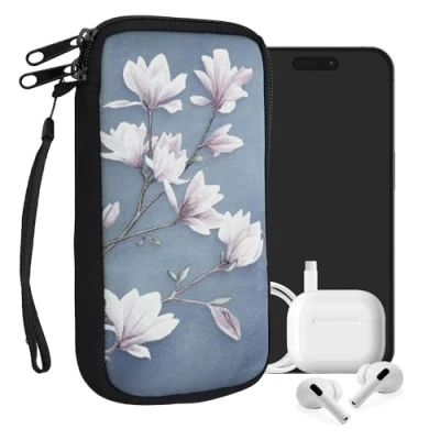Afbeelding van kwmobile hoesje voor smartphones XL 6,7/6,8&quot; hoes van Neopreen Magnolia design taupe / wit blauwgrijs binnenmaat 17,2 x 8,4 cm