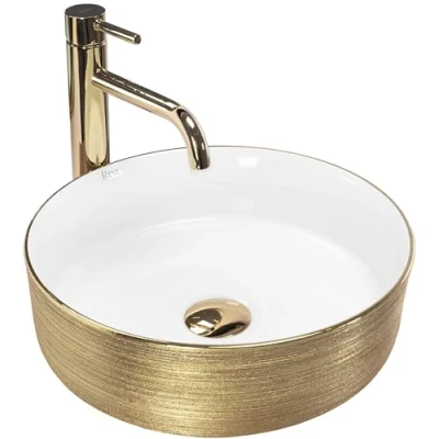 Afbeelding van REA Sami Opzetwastafel Waskom Ø 36 x 11.5 cm Geborsteld Goud Glans Wit