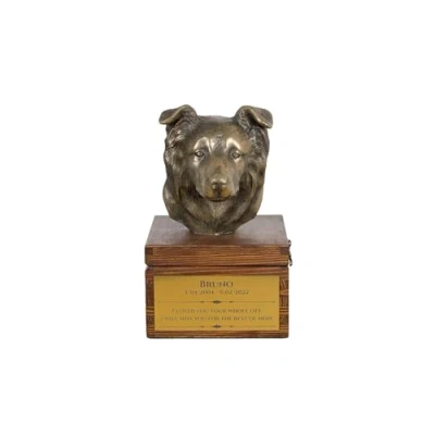 Afbeelding van Art Dog handgemaakte aangepaste hondenherdenkingsurn koudgegoten bronzen hondenkop op berkenbasis langdurige hondencrematiedoos 16x28x16cm Bordercollie