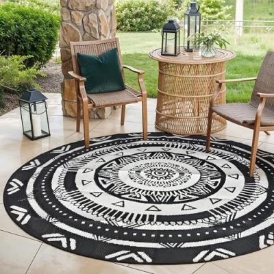 Afbeelding van EVOCAMP Outdoor tapijt, rond, Ø 240 cm, kunststof weerbestendig en licht, picknickdeken voor buiten, voortenttapijt van kunststofvezels (zwart wit)