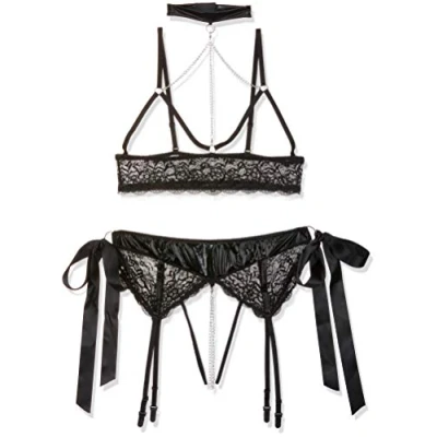 Afbeelding van Cottelli Collection Open Bondage Lingerie Set met Halsband en Polsboeien Maat M Zwart