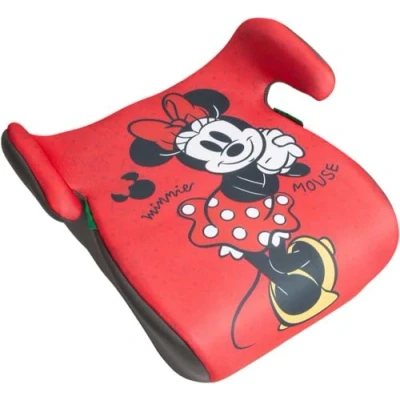 Afbeelding van Disney Minnie Mouse kinderzitverhoger, i size, ECE R129/03, kinderveiligheid van 126 tot 150 cm, zitverhoging met afbeelding, kinderzitje op rode achtergrond