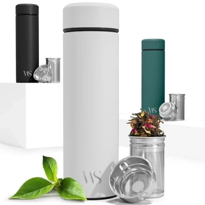 Afbeelding van Thermosfles Thee/Vruchte INFUSER 450 ml, BPA Vrij, RVS Lekvrij Geïsoleerd Water Bottle To Go + Theefilter Fruit Zeef 2 Delig Theefles Drinkfles Koffie Fles, Onderweg Kantoor Werk School Sport (Cream White)