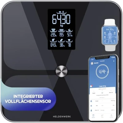 Afbeelding van HELDENWERK Personenweegschaal, lichaamsvetweegschaal, personen met app en volledige oppervlaktesensor, 180 kg, digitale weegschaal bluetooth lichaamsanalyseweegschaal voor lichaamsvet, BMI,