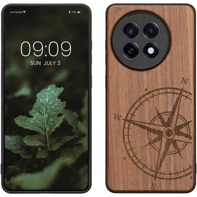 Afbeelding van kwmobile telefoonhoesje geschikt voorOnePlus 13R Hoesje met bumper walnoothout In donkerbruin Vintage Kompas design