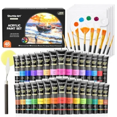 Afbeelding van 48 pack acrylverfset, Shuttle Art 30 kleuren acrylverf (36ml) met 10 penselen 5 canvas 1 verfmes palet spons, complete set voor kinderen, volwassenen schilderen op rotsen hout keramiek