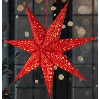 Afbeelding van BRUBAKER 3D Kerstster om op te Hangen LED Papieren Ster met Timer 60 cm Adventster Modern Patroon Werkt Batterijen en Verlicht Kerstdecoratie Lichtster voor Venster Rood