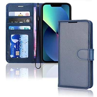 Afbeelding van TECHGEAR iPhone 13 lederen portemonneehoesje, flip beschermhoes met portemonnee kaarthouder, standaard en polsband blauw PU leer magnetische sluiting voor 6,1 inch