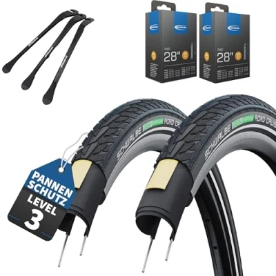 Afbeelding van 2er Set Schwalbe Road Cruiser Fahrradreifen Schwarz Reflex 28x1,40 Zoll (37 622) mit DV Schläuche &amp; 3x MSZweirad Reifenheber