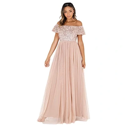 Afbeelding van Maya Deluxe Bardot Versierde maxi jurk voor dames, bruidsmeisje, taupe, blush, 52 EU