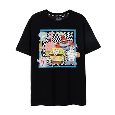 Afbeelding van SpongeBob SquarePants Heren Zwart Dambord T Shirt Met korte mouwen SpongeBob, Sandy, Gary, Mr. Krabs, Patrick en Squidward Authentieke Merchandise Perfect cadeau voor hem
