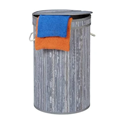 Afbeelding van Relaxdays wasmand bamboe ronde wasbox met deksel 63 x 40 cm 65 liter grijs