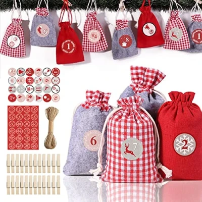 Afbeelding van Zueyen 2025 kerst adventskalender kit, maak je eigen adventskalender, mooie doe het zelf countdown kalender jute tas met trekkoord voor kerstversiering