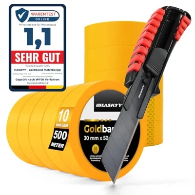 Afbeelding van HASKYY Goldband afplakband 10x schilderstape 30mm x 50m incl. aluminium tapijtmes professionele set voor scherpe kleurranden, zelfklevende afdekband, cuttermes met extra scherp SK5 lemmet
