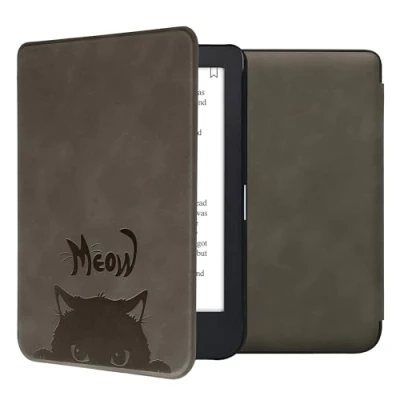 Afbeelding van kwmobile e reader hoesje geschikt voor Kobo Clara 2E hoes Ereader flip case met standaard Kunstleren cover Kat Meow design in grijs / zwart