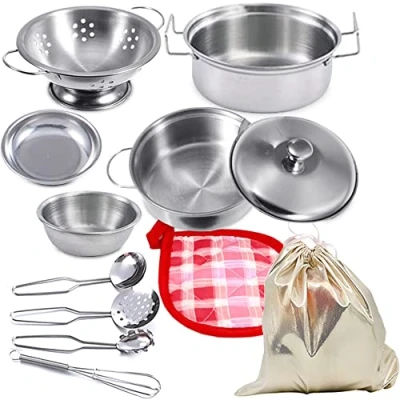 Afbeelding van Mini Play Keuken Voedsel Koken Accessoires. Roestvrij Staal Pretend Kookgerei Set Speelgoed Montessori Keuken, Kinderen Pan Speelpotten En Pannen Voor Peuters