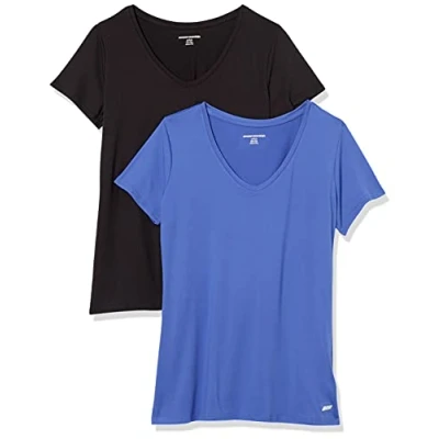 Afbeelding van Amazon Essentials Dames Tech Stretch T shirt met korte mouwen en V hals (verkrijgbaar in grote maten), 2 Pack, Helderblauw/Zwart, S