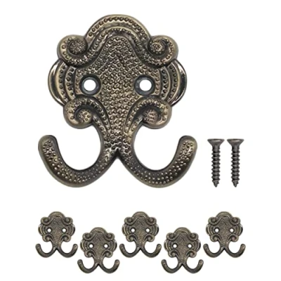 Afbeelding van Fuxxer® Klassieke garderobehaken, dubbele haken, hoedhaken, kledinghaken, ijzeren antiek design, set van 5, brons (klein)