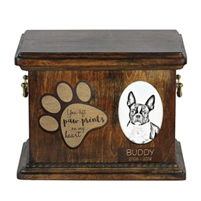 Afbeelding van Art Dog Custom Memorial Urn Handgemaakt Koud Gegoten Bronzen Portret op Berken Basis met Gepersonaliseerde Keramische Plaat 8,3x11,4x8,7 Boston terrier