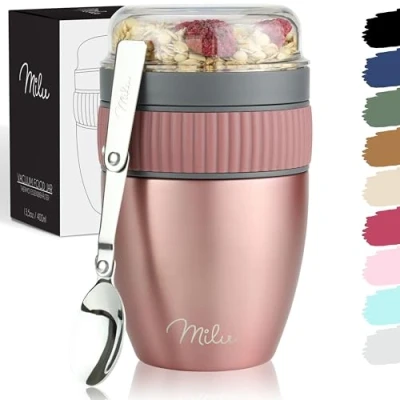 Afbeelding van Milu Mueslibeker to go 400 ml, geïsoleerde roestvrijstalen yoghurtbeker voor muesli, lekvrije beker met lepel yoghurt / pap (roségoud)