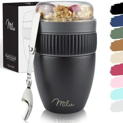 Afbeelding van Milu muesli beker to go 400ml I geïsoleerde yoghurt voor lekvrije met lepel / pap (Zwart)