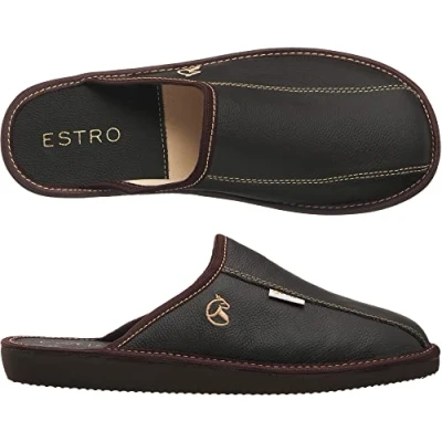 Afbeelding van ESTRO Pantoffels Heren Herenpantoffels Thuis Instappantoffels Herenslipper Huisschoenen Leer Memory Foam Traagschuim FROST (40, Cacao)