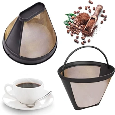 Afbeelding van 2 stuks koffiefilters, mesh, wasbaar koffiefilter, herbruikbaar filter, met handvat, maat 4, roestvrij staal, duurzaam, voor de meeste mensen, 8 12 kopjes koffie (goud)
