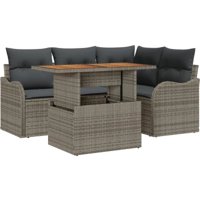 Afbeelding van vidaXL 5 delige tuinsofa set met kussens grijs poly rattan acacia, 2 zits