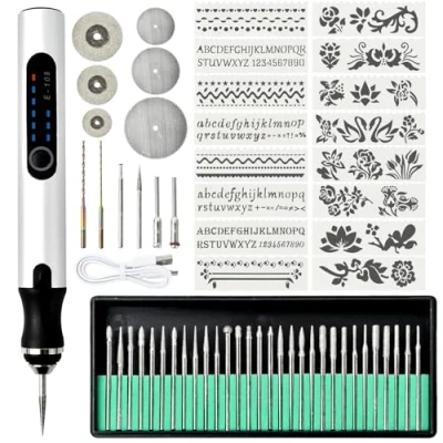 Afbeelding van Focenat Draadloze USB graveerpen, graveergereedschapsset, doe het zelf graveerpen met punten en sjablonen, elektrische pen, voor sieraden, glas, kunststof, hout, metaal