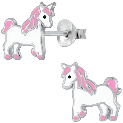 Afbeelding van JoyS Zilveren eenhoorn oorbellen roze wit unicorn paardje oorknoppen