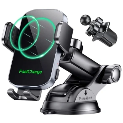 Afbeelding van Glangeh 15 W telefoonhouder voor auto, inductie, [automatisch klemmen] inductielader draadloos, snel [militaire zuignap], GPS opladers, compatibel met iPhone 15/14 Pro Max Galaxy