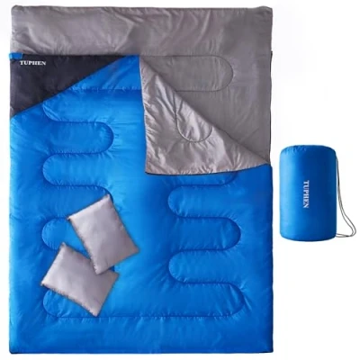 Afbeelding van Tuphen Dubbele slaapzak, slaapzak met 2 kussens, queensize XL tas voor personen, koud en warm weer, 3 seizoenen, waterdichte volwassenen, kamperen, backpacken of wandelen