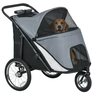 Afbeelding van PawHut Hondenwagen, hondenbuggy met netvensters, inklapbare kattenwagen veiligheidslijn, grote rubberen wielen voor middelgrote en honden tot 30 kg, Oxford, grijs
