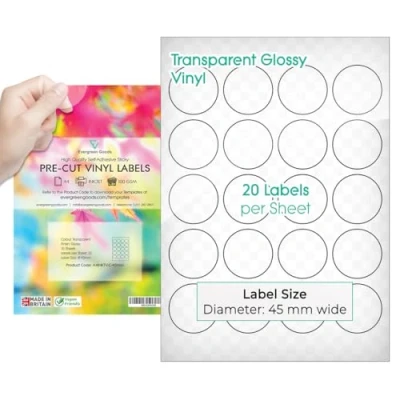 Afbeelding van Evergreen Goods™ A4 ronde voorgesneden stickeretiketten glanzend transparant/transparant 45 mm (20 etiketten per vel, 200 in totaal) 10 vellen Inkjet afdrukbare zelfklevende