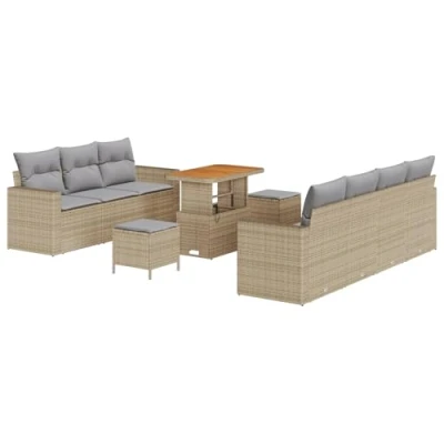Afbeelding van vidaXL 10 delige Tuin Sofa Set met Kussens Beige Poly Rattan Acacia, 3 Eetset Acacia