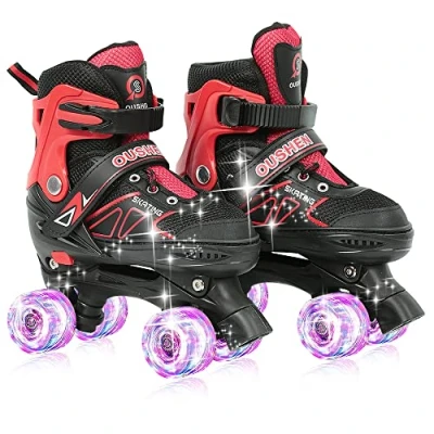 Afbeelding van XUANYU Rolschaatsen voor kinderen, met lichtgevende wielen, rolschaatsen, rood/zwart, maat S (verstelbaar 27 tot 32), comfortabele en ademende skates meisjes jongens, jongeren, beginners