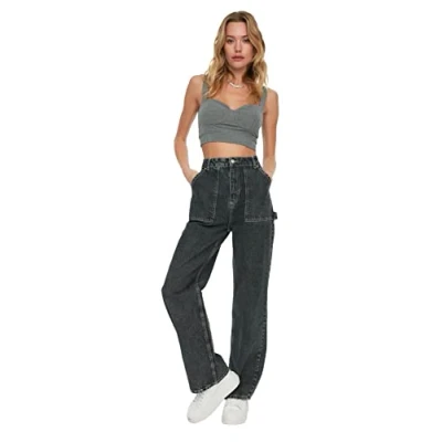 Afbeelding van Trendyol Antracietkleurige Jeans Met Hoge Taille En Wijde Pijpen Zakdetails Twoaw22Je0595